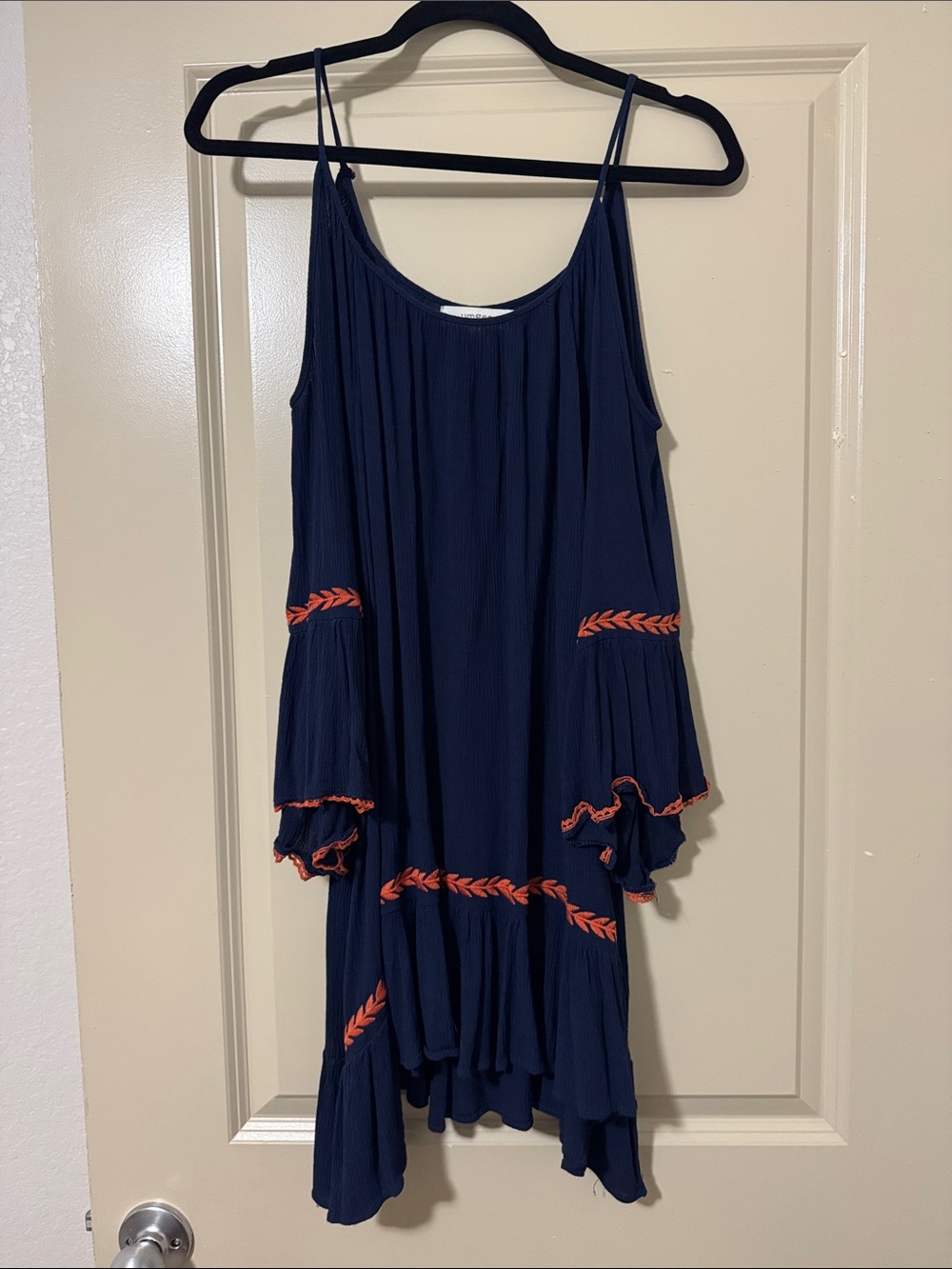 Umgee Navy Cold-Shoulder Tunic Dress with Orange Trim